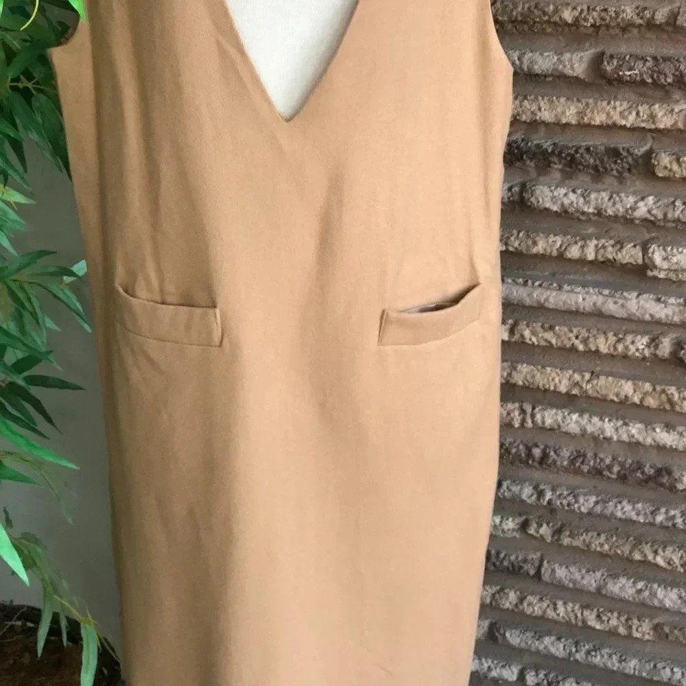 Herman Geist Vintage Tan Camel 100% Wool Deep V Jumper Maxi Tunic Size 4 - Picture 2 of 6